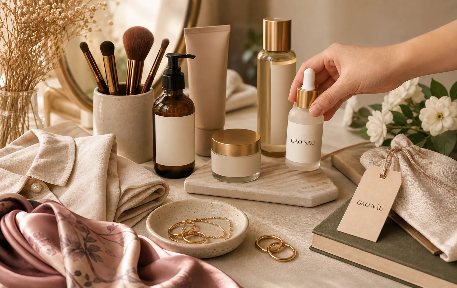 Sản phẩm thời trang, mỹ phẩm và phụ kiện làm đẹp trên bàn styling