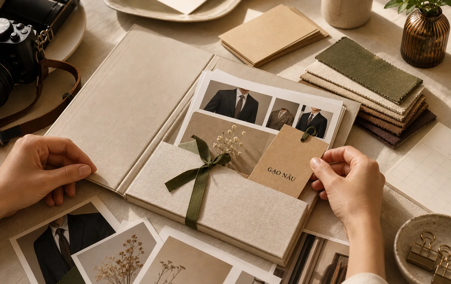 Đội ngũ doanh nghiệp xem ảnh profile trong studio Gạo Nâu