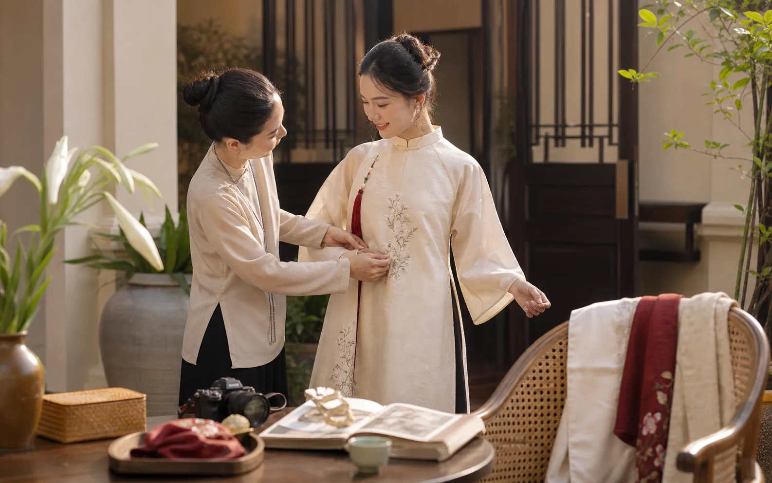 Stylist chuẩn bị trang phục văn hóa Việt trong không gian lưu trú boutique